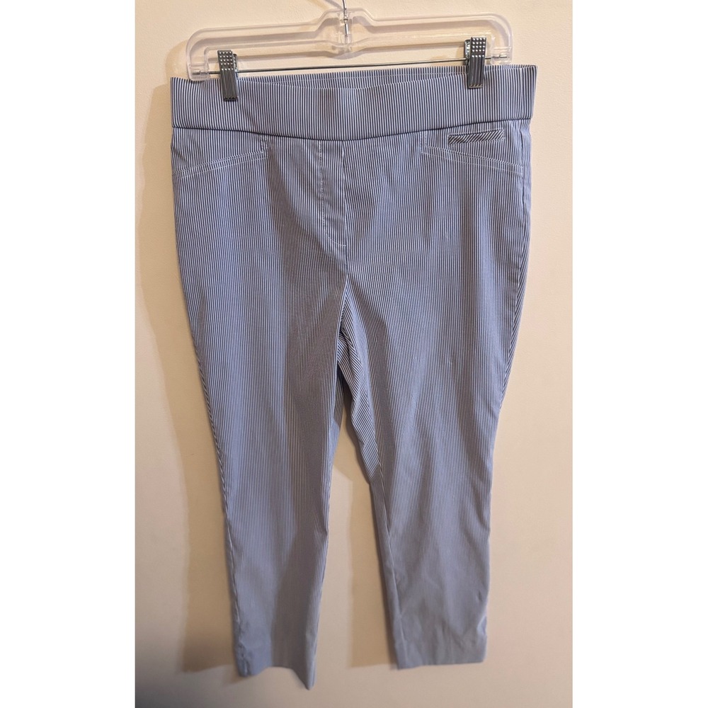 Anne Klein Coastal Blue White Pinstripe Pull Slim‎ Leg Pant Women 10 Seersucker